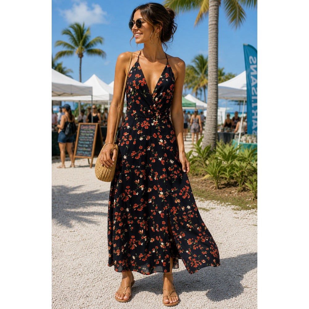 Lush Floral Maxi Dress Women Small Black Floral V-Neck Halter Slit - Picture 2 of 16